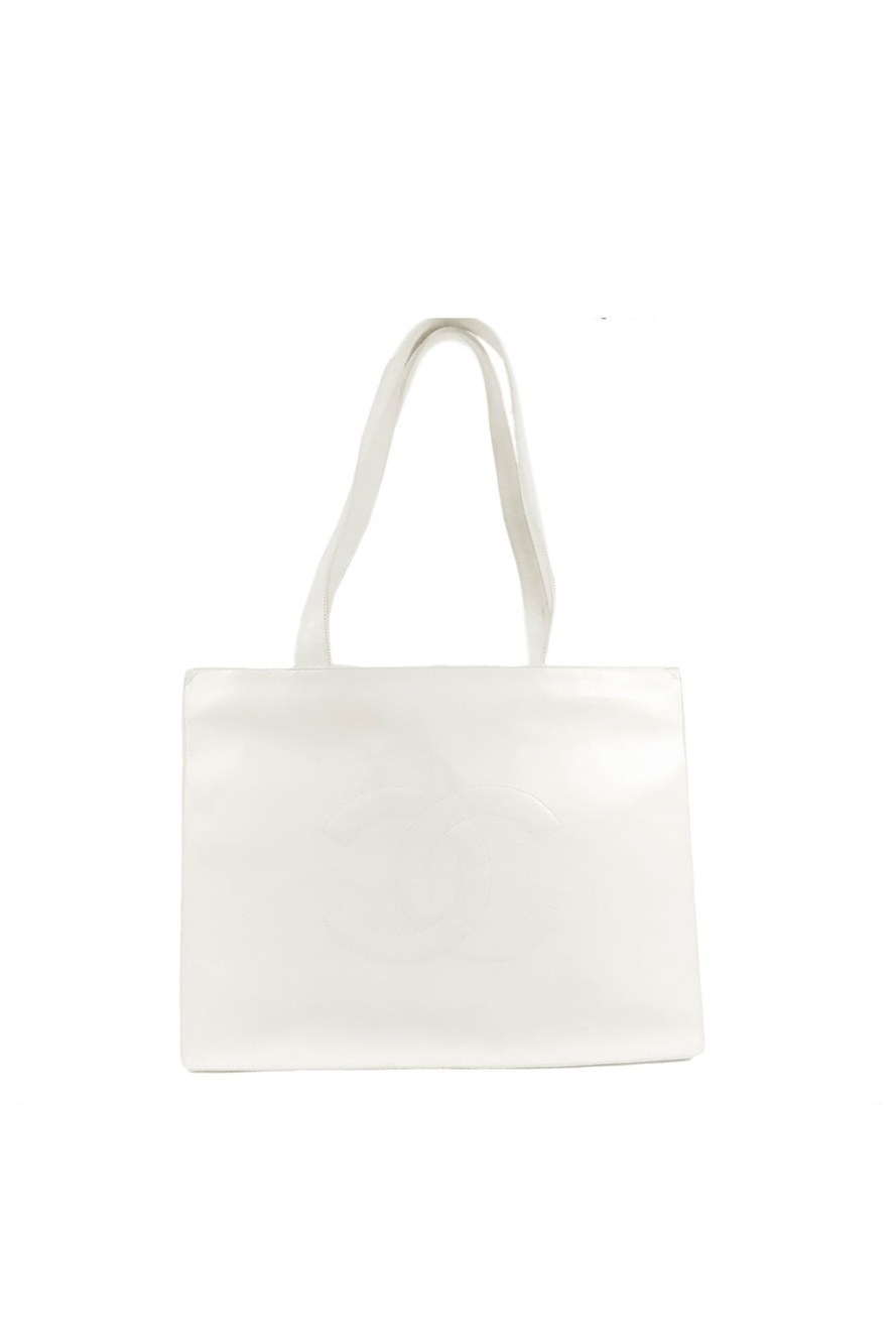 Chanel Jumbo CC Logo Tote White Gold Caviar Leather Shoulder Bag